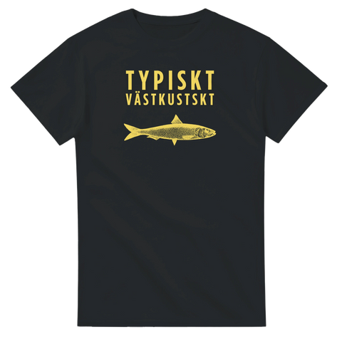 Typiskt Västkustskt" text med gul fisk på svart t-shirt.
