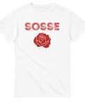 Vit t-shirt med röd ros och texten Sosse i retrostil