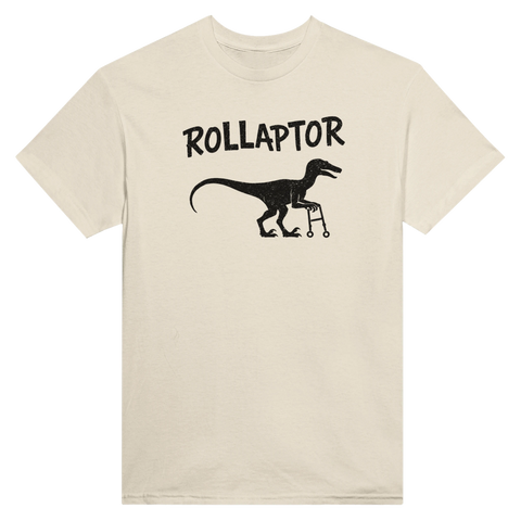Beige t-shirt med minimalistisk och skämtsam grafisk illustration av urtidsdjur