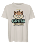 Lekfull illustration av en arg gerbil med gloria på t-shirt