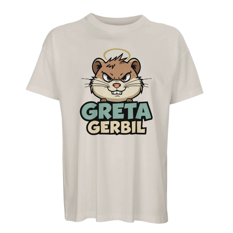 Lekfull illustration av en arg gerbil med gloria på t-shirt