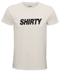 Beige t-shirt med ett grafiskt slitet texttryck framtill