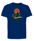 Abstrakt bergslandskap med orange sol och sjö på mörkblå ekologisk T-shirt.