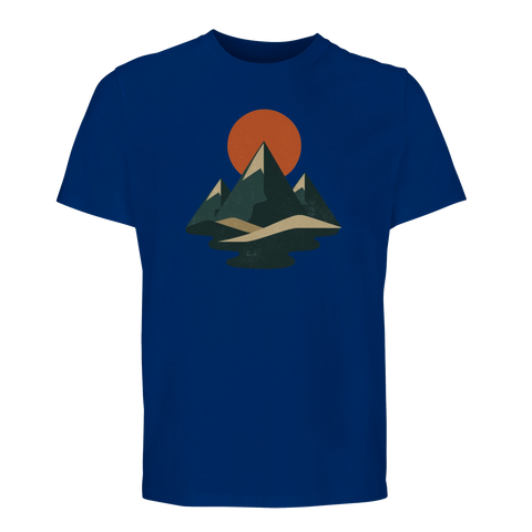 Abstrakt bergslandskap med orange sol och sjö på mörkblå ekologisk T-shirt.
