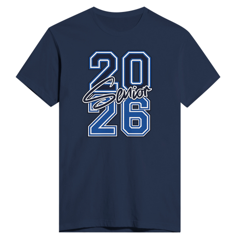 Mörkblå t-shirt med klassisk typografi för studenter år 2026