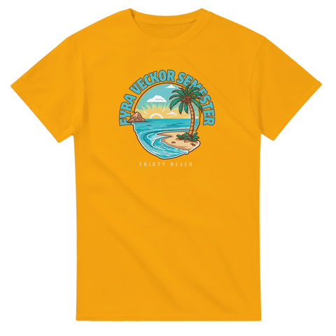 Grafiskt semestermotiv med palm och strand på en gul t-shirt
