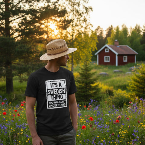 It's a Swedish Thing You Wouldn't Understand" texttryck i vit grunge-stil på svart t-shirt.
