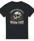 Svart t-shirt med detaljerad dödskalle, maskar och texten Worm Food