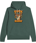 Glad tecknad hjort med Buck Fuddy-text på mörkgrön hoodie.