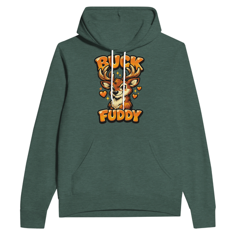 Glad tecknad hjort med Buck Fuddy-text på mörkgrön hoodie.