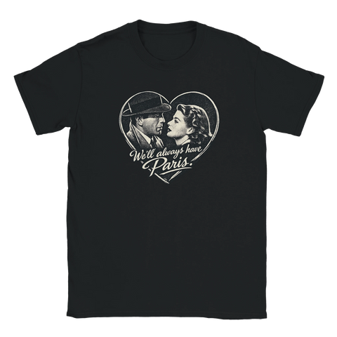Casablanca "We'll always have Paris" tryck med Humphrey Bogart & Ingrid Bergman på svart t-shirt.