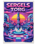 Sergels torg med palmer och fontän i neonfärger – retrofuturistisk Stockholm poster