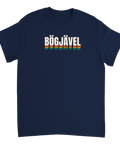 Vit text "BÖGJÄVEL" med regnbågsfärgade skuggor på marinblå t-shirt, retro design.