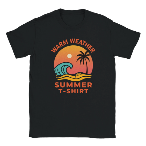 Stilren sommar t-shirt med retrovågor och palm – tryck på svart t-shirt