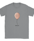 Nihilist-ballong med uttryckslöst ansikte, beige tryck på grå t-shirt, minimalistisk design.