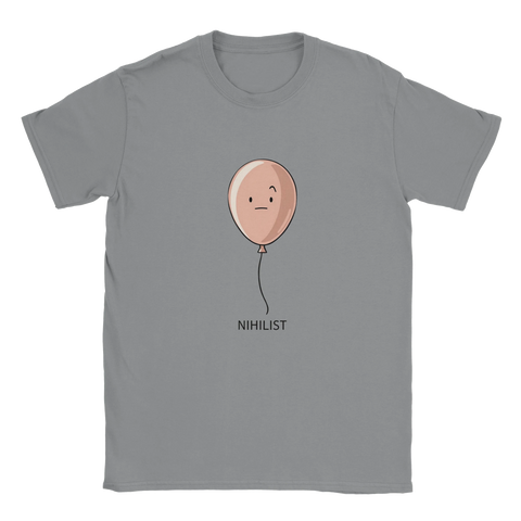 Nihilist-ballong med uttryckslöst ansikte, beige tryck på grå t-shirt, minimalistisk design.