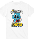 Grafisk illustration med texten Herrejävlar vad jag är snygg på vit t-shirt