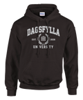 Vit Dagsfylla University-design på svartbrun hoodie, med huva och snören.