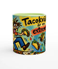 Mugg med texten Tacokvällar är en extremsport, tacos och en katt.