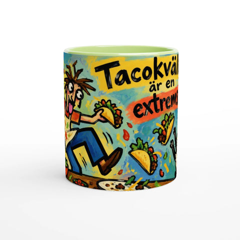 Mugg med texten Tacokvällar är en extremsport, tacos och en katt.