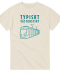 Västkustskt spårvagnstryck med text "TYPISKT VÄSTKUSTSKT" i turkos på beige t-shirt.