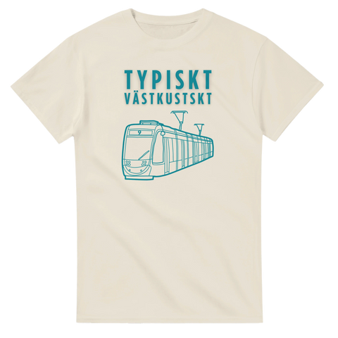 Västkustskt spårvagnstryck med text "TYPISKT VÄSTKUSTSKT" i turkos på beige t-shirt.