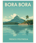 Bora Bora reseposter i vintage stil med illustration av bungalows vid lagunen och texten French Polynesia nertill.