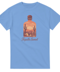 Ljusblå t-shirt med Tequila Sunset motiv och kaktusar i solnedgång