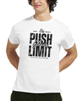 Svart "Push Your Limit" text med hantel på vit t-shirt för träning.