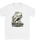 Moby Dick-tryck i vintagestil med val och båt på vit t-shirt.