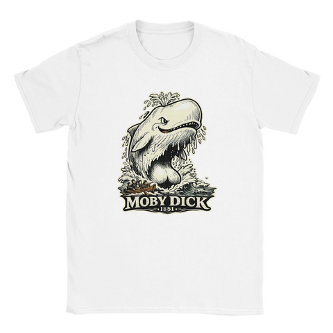 Moby Dick-tryck i vintagestil med val och båt på vit t-shirt.