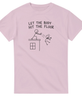 Minimalistisk streckgubbe-illustration med mörk humor på rosa t-shirt