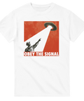 Retro propaganda-motiv med UFO och ljusstråle på vit t-shirt