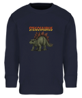 Cool Stegosaurus med solglasögon och texten "STEGOSAURUS" på mörkblå sweatshirt för barn.