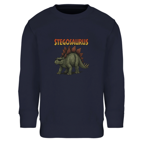 Cool Stegosaurus med solglasögon och texten "STEGOSAURUS" på mörkblå sweatshirt för barn.