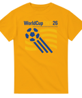 Stilren sportlogotyp med WorldCup SWE26 text och fotbollsgrafik i gult och blått