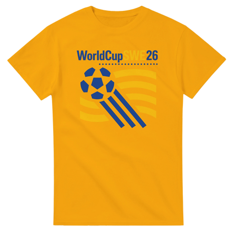 Stilren sportlogotyp med WorldCup SWE26 text och fotbollsgrafik i gult och blått