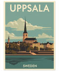 Illustration av Uppsala i retrostil med domkyrkans torn, stadens siluett och Fyrisån i dämpade blå och beige toner.