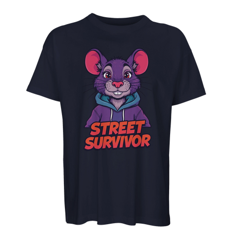 Marinblå oversized t-shirt med färgstark illustration av en tuff råtta
