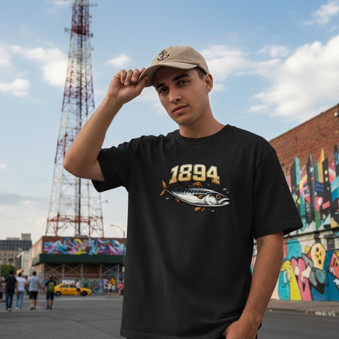 Streetwear-outfit med rymlig t-shirt och nostalgisk illustration av en fisk