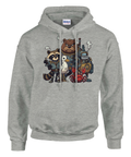 Detaljrik illustration av ett steampunk-crew tryckt på en grå hoodie