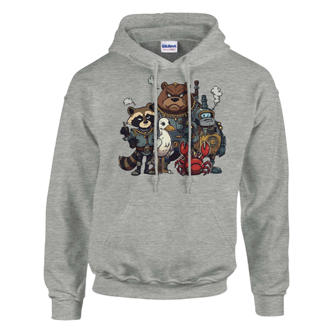 Detaljrik illustration av ett steampunk-crew tryckt på en grå hoodie