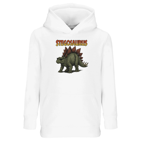 Stegosaurus med solglasögon och text på vit barnhoodie med känguruficka.