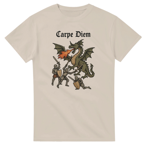 Carpe Diem Middle Ages på t-shirt, illustration stil, tydlig siluett, handritad estetik
