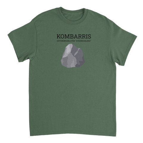 Tecknad grå sten, text "KOMBARRIS GÖTEBORGSKA FÖR 'STENBUMBLING'" på grön t-shirt.