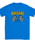 Blå T-shirt med gul text Raggare och två korslagda svartvita racingflaggor – perfekt för bilkultur, cruising och raggarkvällar