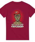 Färgstarkt pop art motiv med textbaserad satir – vinröd t-shirt