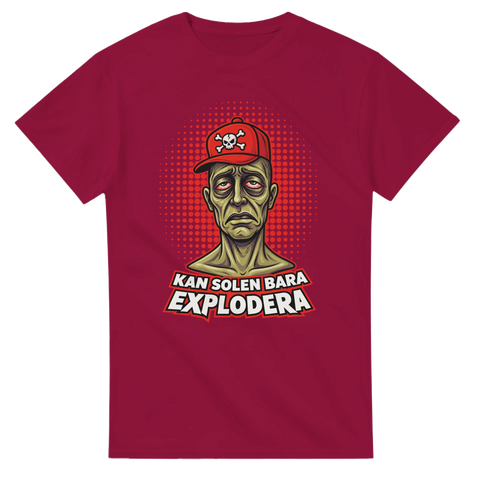 Färgstarkt pop art motiv med textbaserad satir – vinröd t-shirt
