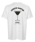 Minimalistisk illustration av ett cocktailglas med texten Espresso Martini på vit t-shirt