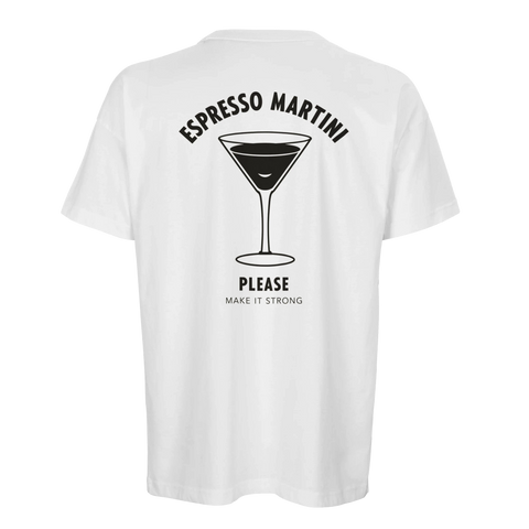 Minimalistisk illustration av ett cocktailglas med texten Espresso Martini på vit t-shirt
